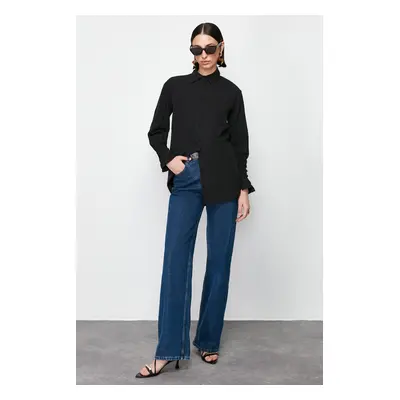 Trendyol Black Ruffle Detailed Cotton Woven Shirt