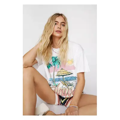 Madmext White Printed Women's Crew Neck T-Shirt