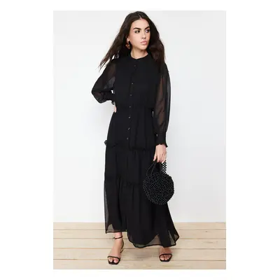 Trendyol Black Sleeves and Waist Gipe Detail Lined Chiffon Woven Shirt Dress