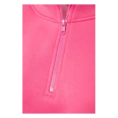 Trendyol Pink Relaxed Cut Crop Basic Zippered Stand Collar Thick Inside Fleece Knitted Sweatshir