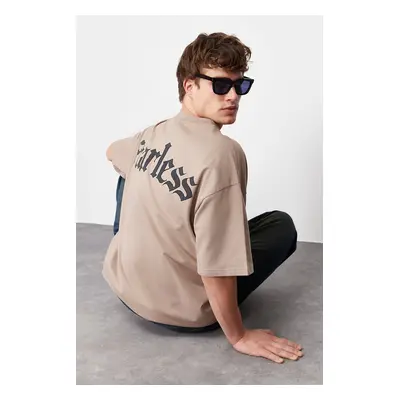 Trendyol Mink Oversize Text Printed 100% Cotton Thick T-Shirt