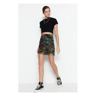 Trendyol Brown Printed Tulle High Waist Lined Mini Knitted Skirt