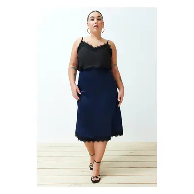 Trendyol Curve Navy Blue Satin Midi Length Lace Woven Skirt