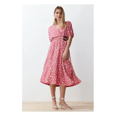 Trendyol Pink Printed Accessory Belt Detailed Gathered Elastic Knitted Maxi Dress