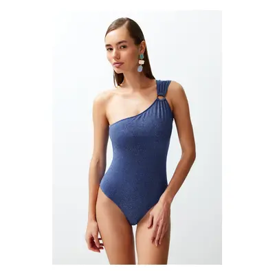 Trendyol Navy Blue One Shoulder Accessory Glittering Regular Swimsuit