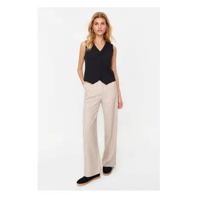 Trendyol Beige High Waist Wide Leg Striped Woven Trousers