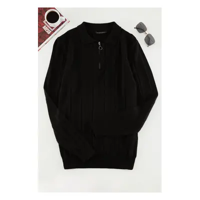 Trendyol Black Slim Fit Zippered Polo Neck Cotton Knitwear Sweater