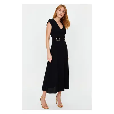 Trendyol Black Belted Skirt Waist Opening Midi Crepe Woven Dress