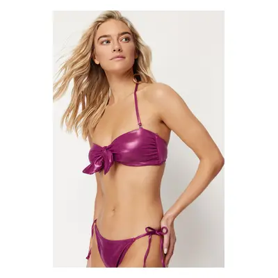 Trendyol Purple Strapless Tie-Up Shiny Lacquer Printed Bikini Top