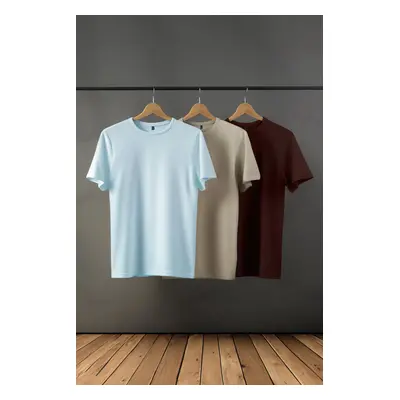 Trendyol Dark Brown-Stone-Light Blue Basic Slim Fit 100% Cotton 3-Pack T-Shirt