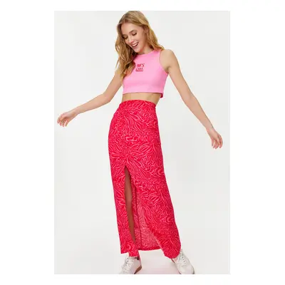 Trendyol Pink Animal Patterned Slit Detail Maxi Length Woven Skirt