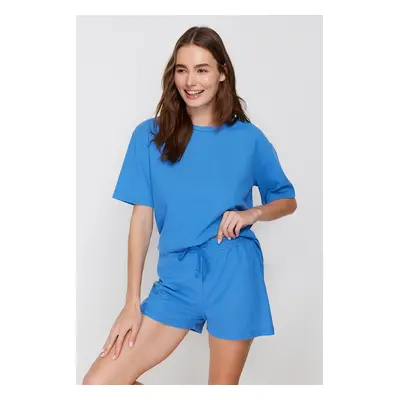 Trendyol Blue Waffle Fabric Knitted Pajama Set