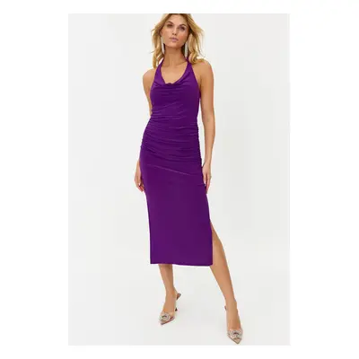 Trendyol Purple Fitted Neckline Knitted Elegant Evening Dress