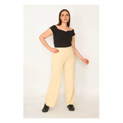 Şans Women's Large Size Yellow Elastic Waist Self-Striped Trousers