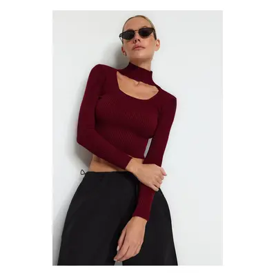 Trendyol Claret Red Crop Stand Collar Knitwear Sweater