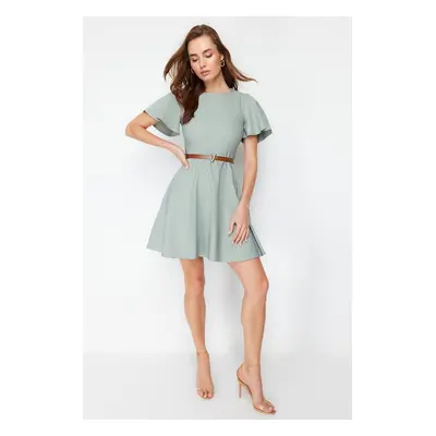 Trendyol Mint Belted Skirt Flounce Mini Woven Dress