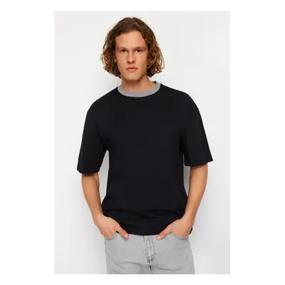 Trendyol Black Oversize/Wide Cut Mystic Print Contrast Collar Ribbed 100% Cotton T-Shirt