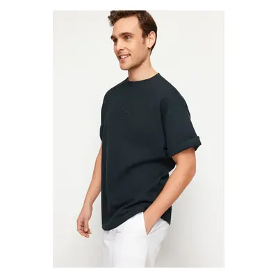 Trendyol Premium Smoked Oversize/Wide Cut Textured Embossed Text Printed Short Sleeve T-Shirt