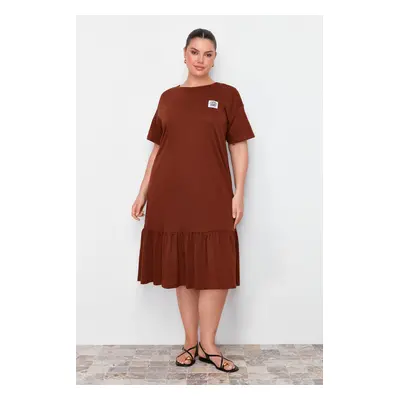 Trendyol Curve Brown Jersey 100% Cotton Knitted Plus Size Dress