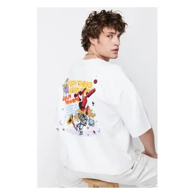 Trendyol White Oversize/Wide Cut Space Printed 100% T-Shirt