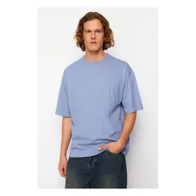 Trendyol Blue Oversize Embossed Printed 100% Cotton T-Shirt