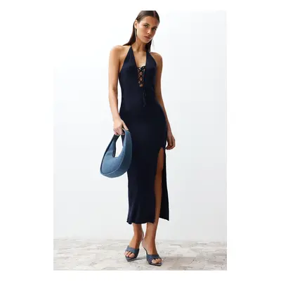 Trendyol Navy Blue Maxi Knitwear Premium/Special Thread Slit Detailed Dress