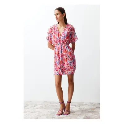 Trendyol Pink Floral Patterned Ruffle Detailed Lined Chiffon Mini Woven Dress