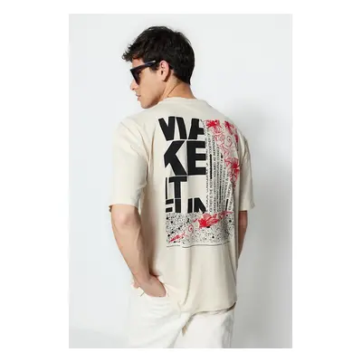 Trendyol Stone Oversize/Wide Cut Text Printed 100% Cotton T-Shirt