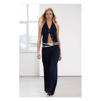 Trendyol Limited Edition Navy Blue Asymmetric Waist Detail Wide Leg/Wide Leg Woven Trousers