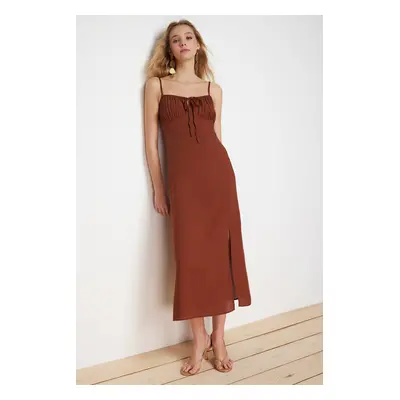 Trendyol Brown A-Line Midi Woven Dress with Tie Detail on the Collar