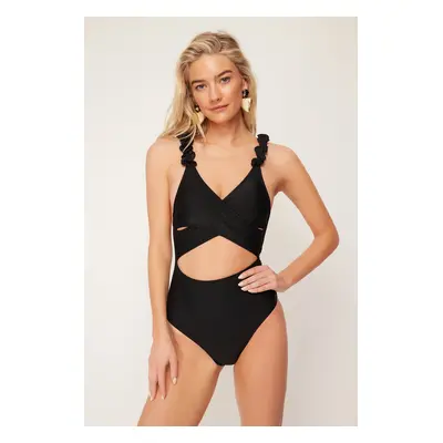 Trendyol Black V-neck Ruffled Regular Swimsuit