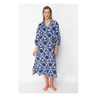 Trendyol Ethnic Pattern Wide Fit Midi Woven 100% Cotton Beach Dress