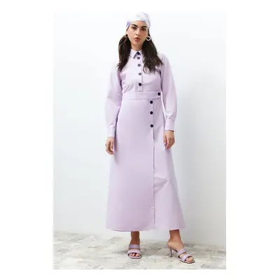 Trendyol Lilac Shirt Collar Button Detailed Plain Woven Dress