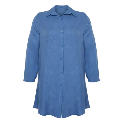 Trendyol Curve Blue Tunic Oversized Foldable Long Sleeve Plus Size Woven Shirt