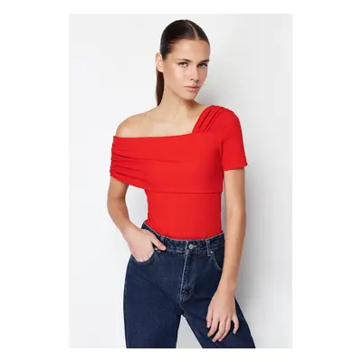 Trendyol Red Asymmetrical Collar Fitted Knitted Bodysuit