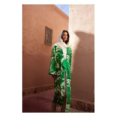 Trendyol Green Tropical Pattern Long Woven Kimono & Kaftan