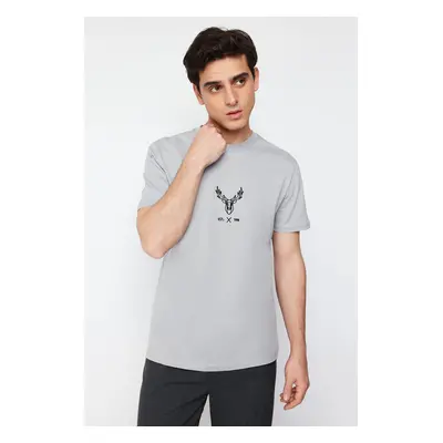 Trendyol Gray Regular Cut Deer Embroidered 100% Cotton T-Shirt