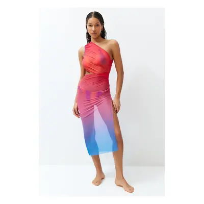 Trendyol Gradient Pattern Fitted Maxi Knitted Cut Out/Window Mesh One-Shoulder Beach Dress