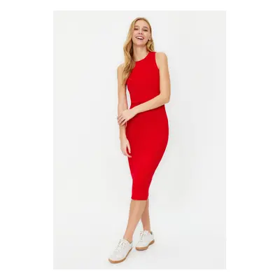 Trendyol Red Ribbed Bodycone/Fitting Crew Neck Stretchy Midi Knitted Pencil Dress