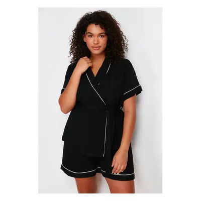 Trendyol Curve Black Tie and Piping Detailed Woven Pajamas Set