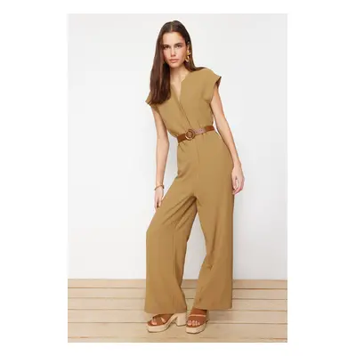 Trendyol Khaki Belted Double Breasted Collar Sleeveless Maxi Woven Jumpsuit