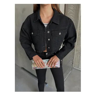 Laluvia Black Strass Stone Jean Jacket