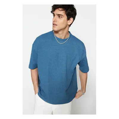 Trendyol Indigo Oversize/Wide Cut Textured Waffle Short Sleeve T-Shirt