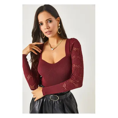 Olalook Women's Burgundy Kiss Collar Sleeve Openwork Knitwear Blouse