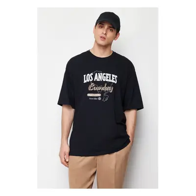 Trendyol Black Oversize City Printed Embroidered 100% Cotton T-Shirt