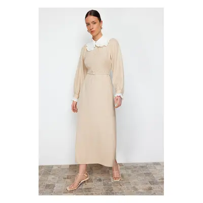 Trendyol Beige Collar and Sleeve Lace Detailed A-Line Woven Dress