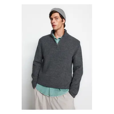 Trendyol Dark Gray Regular Fit Couple Half Turtleneck Zippered Collar Sweater