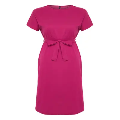 Trendyol Curve Fuchsia Belted Crew Neck 100% Cotton Knitted Dress