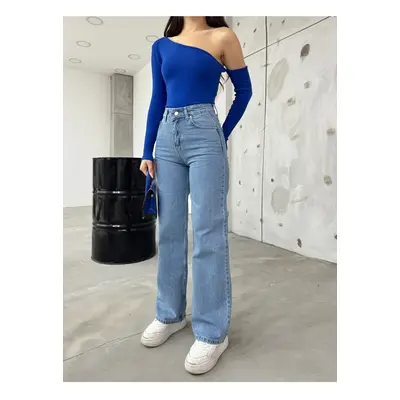 BİKELİFE Women's Blue High Waist Lycra Flexible Wide Leg Jeans