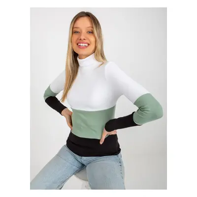 Ecru-pistachio women's ribbed turtleneck blouse